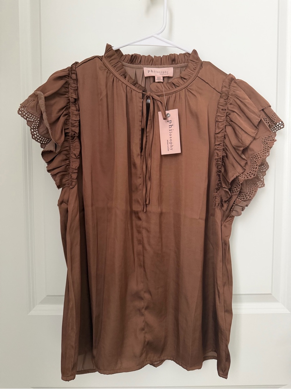 Philosophy Chocolate Brown Ruffle Sleeve Tie-Neck Blouse • NWT